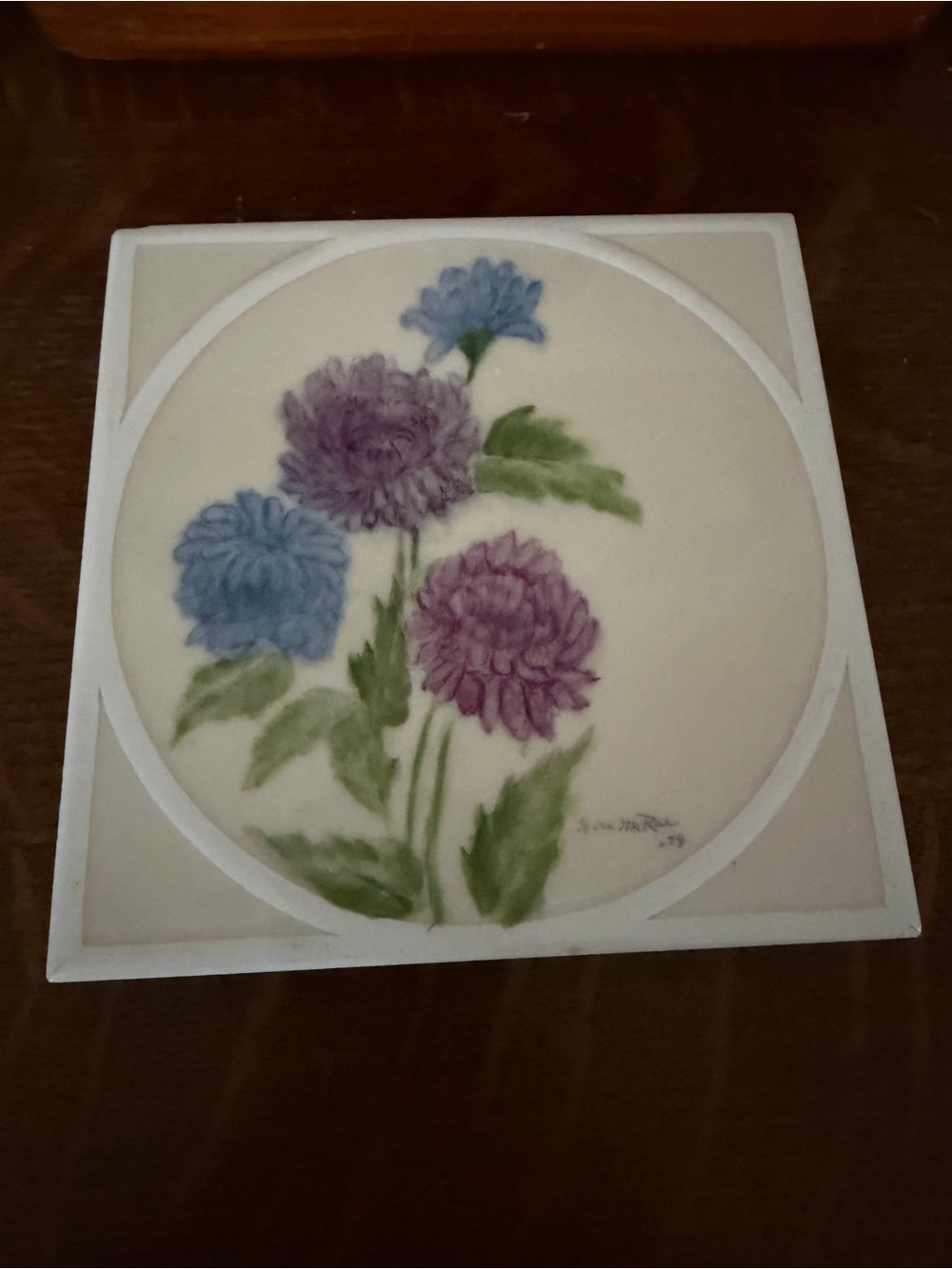 Vintage 1979 Hand-Painted Ceramic Art Tile – Floral Chrysanthemums, Signed